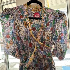 CeliaB Floral Wrap Dress in White, Yellow, Green, Blue, Pink size M